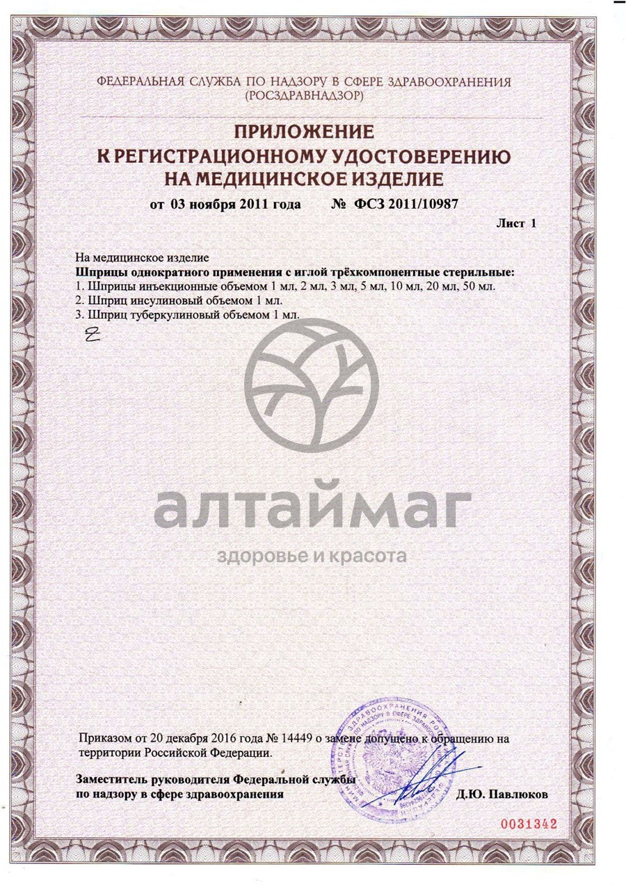 Сертификат на товар Шприц MedCare 3х компонентный 1мл инсулиновый u-100 с иглой 0,4*12мм 27g №1 Шприц MedCare 3х компонентный 1мл инсулиновый u-100 с иглой 0,4*12мм 27g №1 сертификат